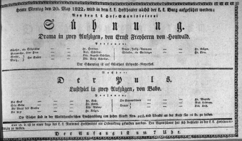 Theaterzettel (Oper und Burgtheater in Wien) 18220520 Seite: 1