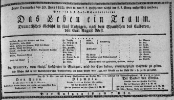 Theaterzettel (Oper und Burgtheater in Wien) 18220620 Seite: 1