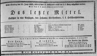 Theaterzettel (Oper und Burgtheater in Wien) 18220630 Seite: 1