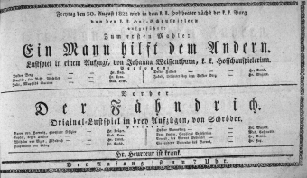 Theaterzettel (Oper und Burgtheater in Wien) 18220830 Seite: 1