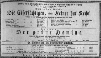 Theaterzettel (Oper und Burgtheater in Wien) 18220906 Seite: 1