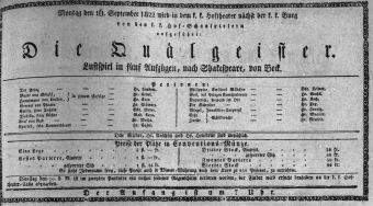 Theaterzettel (Oper und Burgtheater in Wien) 18220916 Seite: 1