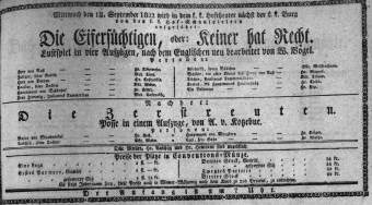 Theaterzettel (Oper und Burgtheater in Wien) 18220918 Seite: 1