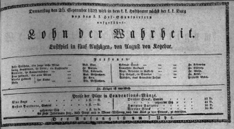 Theaterzettel (Oper und Burgtheater in Wien) 18220926 Seite: 1