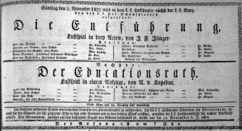 Theaterzettel (Oper und Burgtheater in Wien) 18221102 Seite: 1