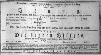 Theaterzettel (Oper und Burgtheater in Wien) 18221111 Seite: 1