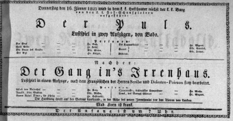 Theaterzettel (Oper und Burgtheater in Wien) 18230116 Seite: 1