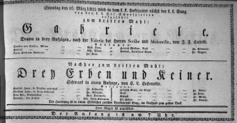 Theaterzettel (Oper und Burgtheater in Wien) 18230316 Seite: 1