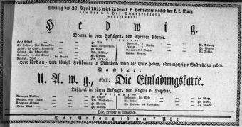 Theaterzettel (Oper und Burgtheater in Wien) 18230428 Seite: 1