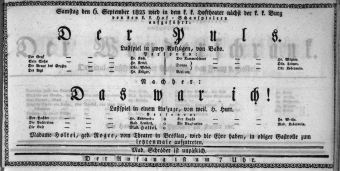 Theaterzettel (Oper und Burgtheater in Wien) 18230906 Seite: 1