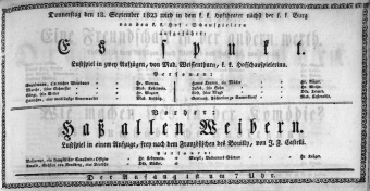 Theaterzettel (Oper und Burgtheater in Wien) 18230918 Seite: 1