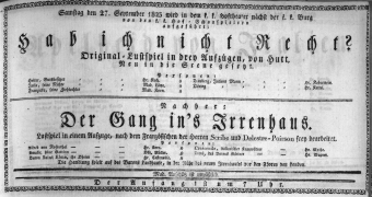 Theaterzettel (Oper und Burgtheater in Wien) 18230927 Seite: 1