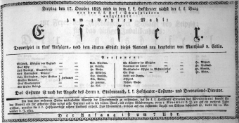 Theaterzettel (Oper und Burgtheater in Wien) 18231017 Seite: 1