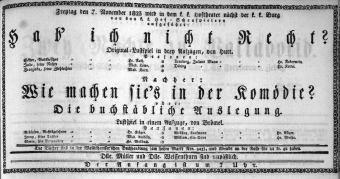 Theaterzettel (Oper und Burgtheater in Wien) 18231107 Seite: 1