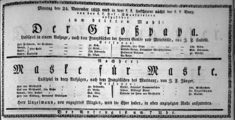 Theaterzettel (Oper und Burgtheater in Wien) 18231124 Seite: 1