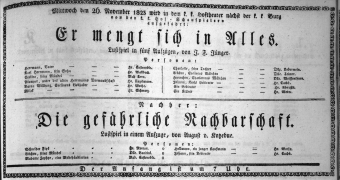 Theaterzettel (Oper und Burgtheater in Wien) 18231126 Seite: 1