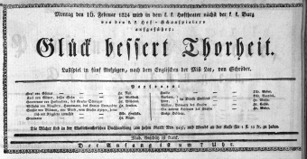 Theaterzettel (Oper und Burgtheater in Wien) 18240216 Seite: 1