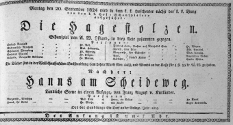 Theaterzettel (Oper und Burgtheater in Wien) 18240920 Seite: 1