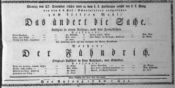 Theaterzettel (Oper und Burgtheater in Wien) 18241227 Seite: 1