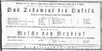 Theaterzettel (Oper und Burgtheater in Wien) 18250122 Seite: 1