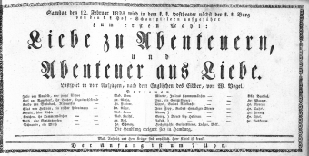Theaterzettel (Oper und Burgtheater in Wien) 18250212 Seite: 1