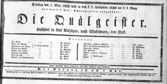 Theaterzettel (Oper und Burgtheater in Wien) 18250301 Seite: 1
