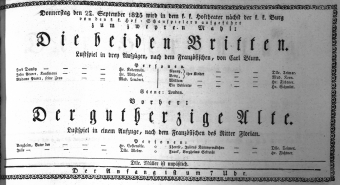 Theaterzettel (Oper und Burgtheater in Wien) 18250922 Seite: 1
