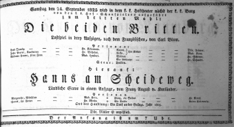 Theaterzettel (Oper und Burgtheater in Wien) 18250924 Seite: 1