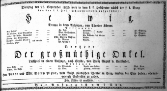 Theaterzettel (Oper und Burgtheater in Wien) 18250927 Seite: 1