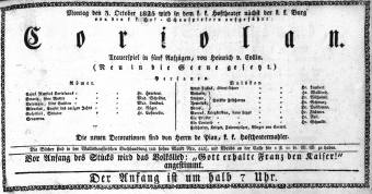 Theaterzettel (Oper und Burgtheater in Wien) 18251003 Seite: 1