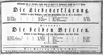 Theaterzettel (Oper und Burgtheater in Wien) 18251005 Seite: 1