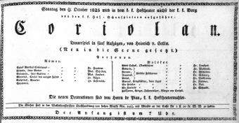 Theaterzettel (Oper und Burgtheater in Wien) 18251009 Seite: 1