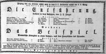 Theaterzettel (Oper und Burgtheater in Wien) 18251014 Seite: 1
