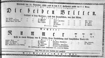 Theaterzettel (Oper und Burgtheater in Wien) 18251130 Seite: 1