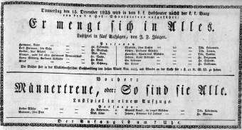 Theaterzettel (Oper und Burgtheater in Wien) 18251215 Seite: 1