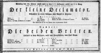 Theaterzettel (Oper und Burgtheater in Wien) 18260110 Seite: 1