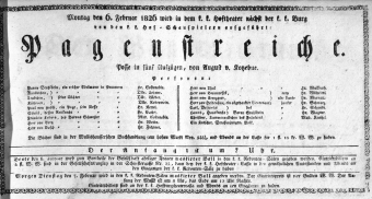 Theaterzettel (Oper und Burgtheater in Wien) 18260206 Seite: 1
