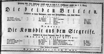 Theaterzettel (Oper und Burgtheater in Wien) 18260210 Seite: 1