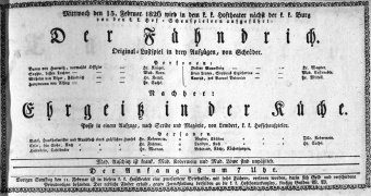 Theaterzettel (Oper und Burgtheater in Wien) 18260215 Seite: 1