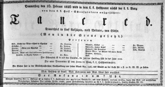 Theaterzettel (Oper und Burgtheater in Wien) 18260216 Seite: 1