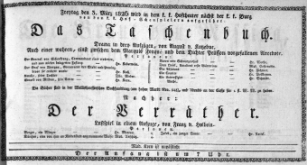 Theaterzettel (Oper und Burgtheater in Wien) 18260303 Seite: 1