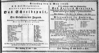 Theaterzettel (Oper und Burgtheater in Wien) 18260502 Seite: 1