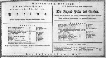 Theaterzettel (Oper und Burgtheater in Wien) 18260503 Seite: 1
