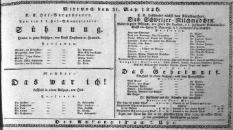 Theaterzettel (Oper und Burgtheater in Wien) 18260531 Seite: 1