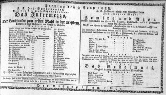 Theaterzettel (Oper und Burgtheater in Wien) 18260609 Seite: 1