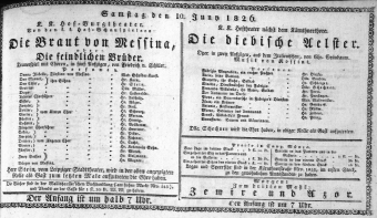Theaterzettel (Oper und Burgtheater in Wien) 18260610 Seite: 1