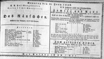 Theaterzettel (Oper und Burgtheater in Wien) 18260611 Seite: 1