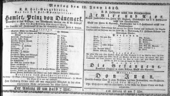 Theaterzettel (Oper und Burgtheater in Wien) 18260612 Seite: 1