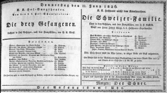 Theaterzettel (Oper und Burgtheater in Wien) 18260622 Seite: 1