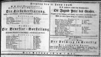 Theaterzettel (Oper und Burgtheater in Wien) 18260623 Seite: 1